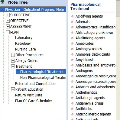 Reviewed ICE note tree and medication knowledge categories