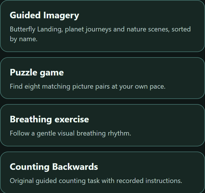 Cropped mobile activity choices including imagery, matching pictures, breathing and counting