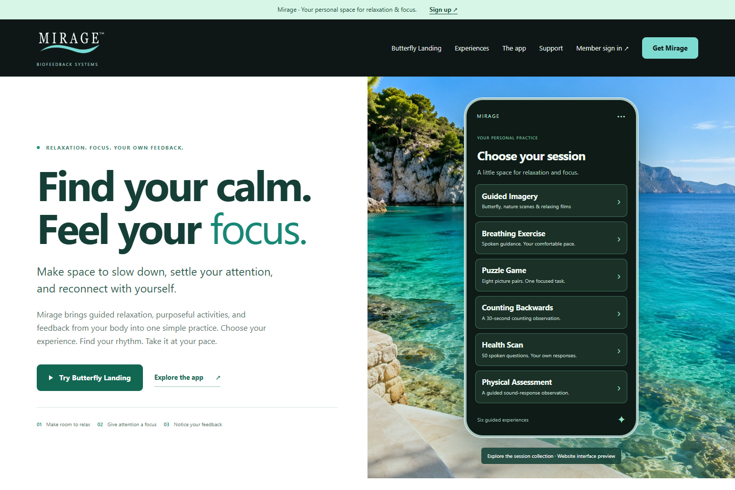 Full homepage preview of the dedicated Mirage website